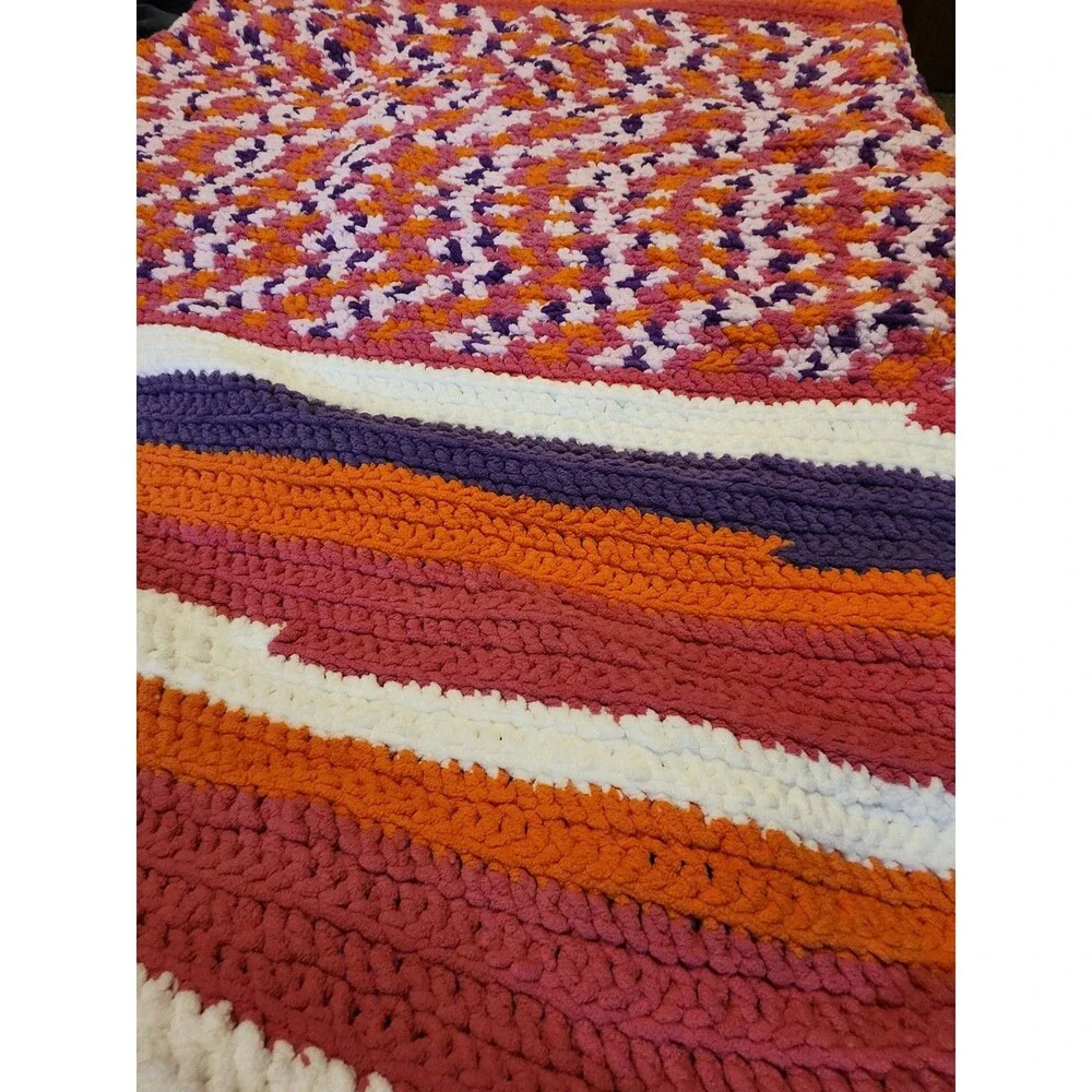 Handmade Crochet Pink Purple Crochet  Blanket  cottag retro, farmhouse, modern